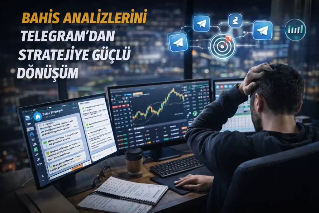 Telegram’dan gelen bahis analizlerini grafikler ve verilerle değerlendirerek stratejiye dönüştüren, çoklu ekranla çalışan analitik ve odaklı bahis yaklaşımını gösteren sahne